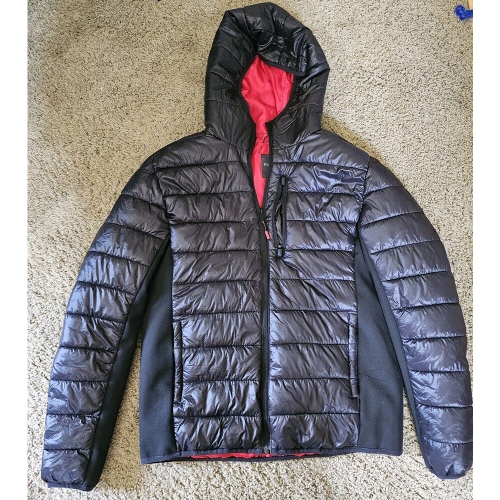 Primark Womens XL Lightweight Puffer Jacket Black Red Lined Hybrid Full Zip Hood